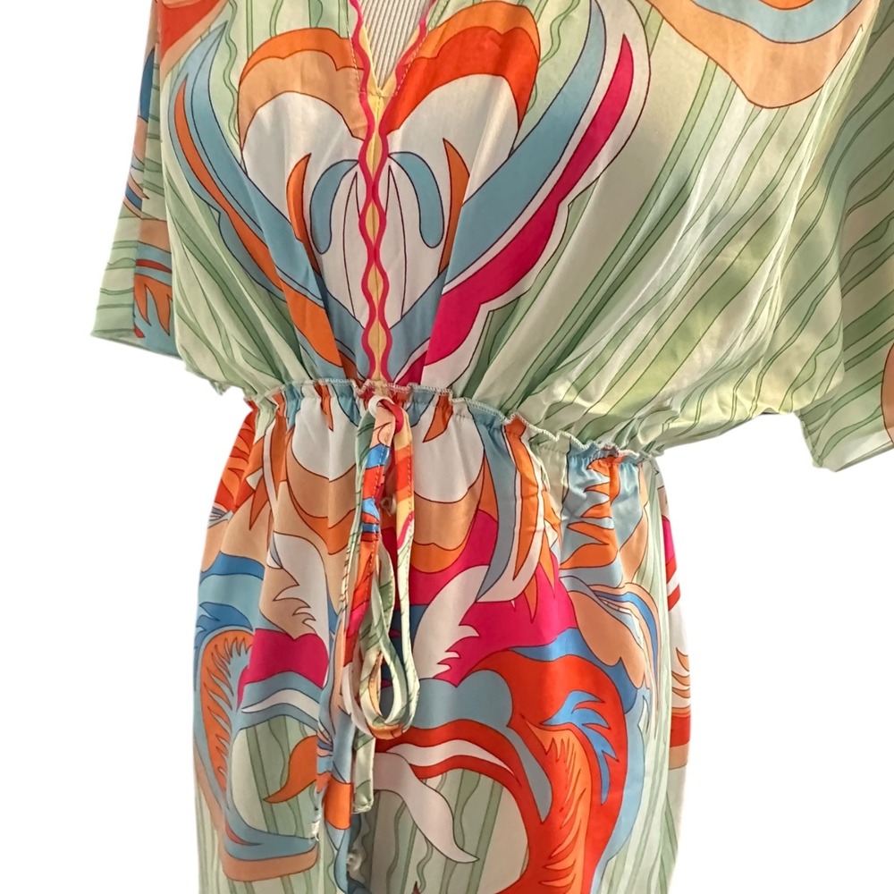 SHEIN Women's S Green Orange Abstract Print Kimono Sleeve Drawstring Maxi Dress - Picture 11 of 16